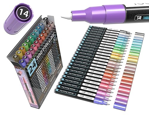 Lot de 24 marqueurs peinture acrylique métallisée à pointe extra fine de 0,7 mm pour peinture sur pierre, verre, bois, métal, toile, loisirs créatifs, non toxiques, à base dʼeau et à séchage rapide