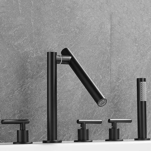 Wannenrandarmatur mit Ausziehbar Handbrause, Badewannenarmatur 5 Loch Messing Drehbar, Wasserhahn Badewanne mit Brause-Schwarz