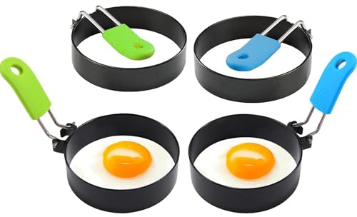 4 Pcs Egg Rings with Anti-Scald Folding Handle, Stainless Steel Frying Egg Ring Mold with Non Stick Coating, Suitable for Cooking, Shaping, Fried Eggs, Pancake, Mini Burger Patty (2Blue+2Green)