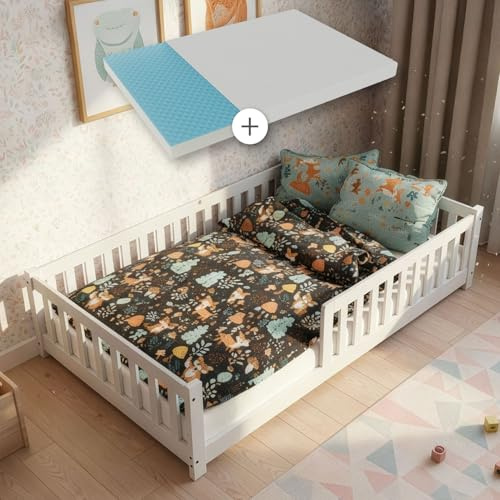 Juskys® Kinderbett Naya 140 x 200 cm, Bett mit Matratze, Weiß | Rausfallschutz & Lattenrost, Modernes Kinderbodenbett, ideal für 3-10-jährige Kinder, inkl. 16 cm Kaltschraummatratze