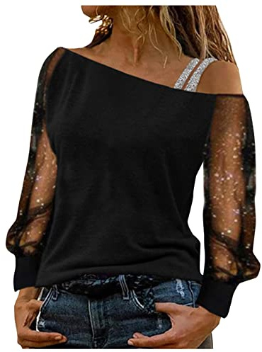 Haut Femme Chic Chemisier Blouse À Manches Longues Transparentes T-Shirt Paillettes Mode Mesh Chic Épaules Dénudées Chemisier Noël Haut Tops Pullover Couleur Unie Shirt Tunique Top Soirée