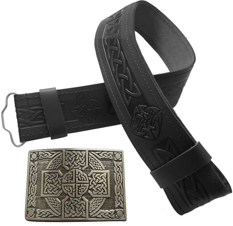 STITCHIFY Ceinture traditionnelle écossaise en cuir et boucle en croix celtique antique, Ensemble boucle celtique en relief noir, L