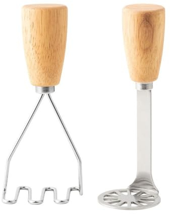 2Pcs Mini Potato Masher,Stainless Steel Mashed Potatoes Masher with wooden handle, Kitchen gadgets Tool for Potatoes, Beans, Meat, Vegetables,space saver (Mini Duo)