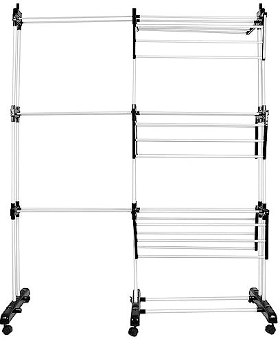 WODFARR - Secador de ropa, torre de secado, tendedero vertical de 4 niveles, tendedero plegable alas laterales, uso interior y exterior, 75-142,5 x 64 x 170 cm (negro y blanco)