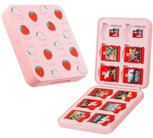 PAWDIARY Pink Switch 2 Game Card Case, Hardshell Compact Switch 2 Game Card Holder for 12 Slots New Switch Game Cards and 12 Slots SD Cards Storage, Cute Strawberry Design Switch 2 Cartridge Case