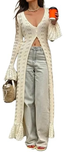 NRTHYE Women Long Crochet Cardigans Button up Knit Hollow Out Elegant Duster Sweaters Cover Up Maxi Dress
