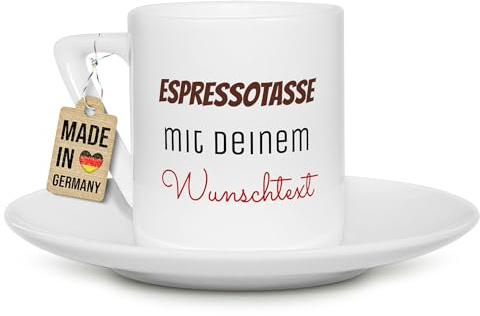 Tassendruck Espressotasse bedrucken mit 3 Zeilen Text - Beidseitig personalisiert mit Namen, Spruch - Persönliches Geschenk für Freunde - Eckiger Henkel, Porzellan-Tasse mit Untertasse, 100 ml