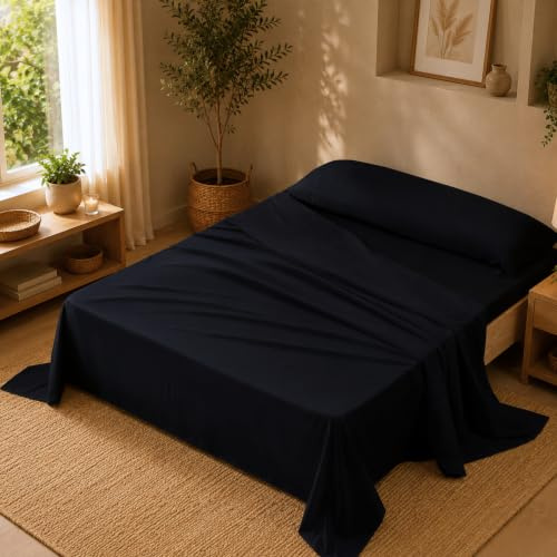 Sábanas 150x190 150x200 - Juego de Sábanas 3 Piezas - 100% Microfibra Suave y Transpirable - Sábana Bajera Ajustable, Encimera y Funda Almohada - Ropa de Cama Ligera (Negro)