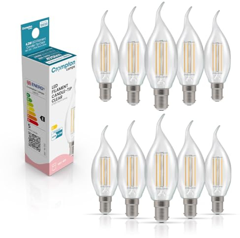 Crompton Lamps Bent-Tip Candle LED Light Bulb SBC-B15d | 4.2W = 40W Equivalent | Warm White 2700K | Flame Tip | Small Bayonet Lightbulb | Long Life 15,000-Hrs | Clear Glass | 10-Pack