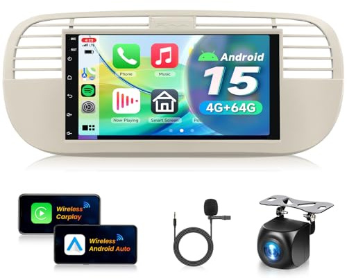 VECHTEL 4G+64G Autoradio Android 15 per FIAT 500 2007-2015, 7 Pollice HD Schermo Auto Radio co Carplay Android Auto senza Fili GPS Wi-Fi USB Bluetooth Radio FM RDS Retrocamera Beige