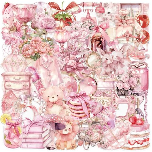 Aesthetic Rosa Stickers Set, 50 Stück Coquette Transparent PET Aufkleber, Retro Ästhetische Wasserdichte Graffiti Aufkleber für Scrapbook Journaling Album, Mädchen und Kinder