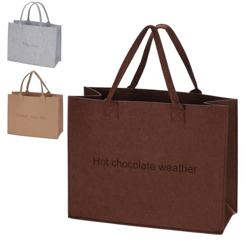 Murago - Filztasche Braun mit Spruch - Hot chocolate weather - Shopper Tasche Damen 26L Einkaufstasche Filz groß stabil Handtasche für Freizeit Büro Alltag Herren Herbst Winter Deko Aufbewahrung