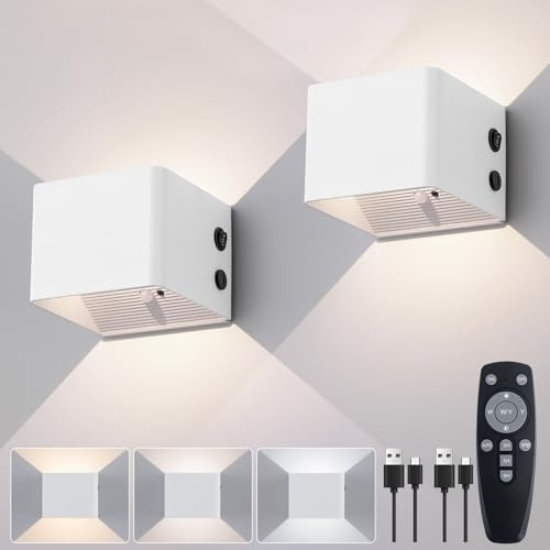 YCZM Applique da Parete Interno con Sensore di Movimento,Lampada da Parete a Batteria da 4000 mAh con Telecomando,3 Colori Regolabile in Luminosità,Senza Fili,USB Ricaricabile,Bianco 2 Pezzi