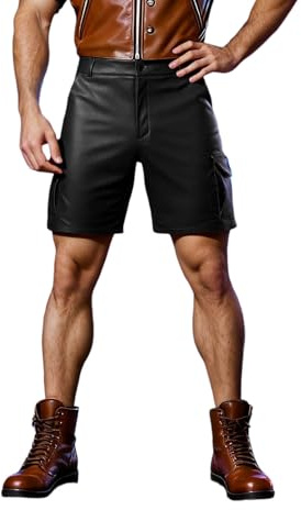 DUHENWU Pantalones cortos de cuero para hombre, pantalones cortos de piel sintética, pantalones cortos de piel sintética, cintura alta, elásticos, ajustados, pantalones cortos básicos, ropa de fiesta