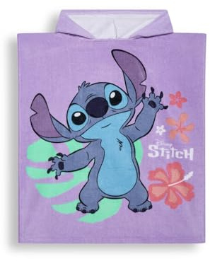 Disney Lilo And Stitch Girls Poncho Towel - Hooded Poncho For Kids Cotton Towelling, Slip On Beach And Pool Cover Up, Purple Holiday Ready Stitch Graphic, Kids Bath Poncho