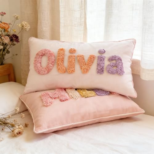 GLHFLMAO Handmade Embroidered Personalised Cushion Custom Baby Name Initial Pillow for Nursery, Newborn Shower Gift | Soft Cotton-Linen Bedroom Decor for Birthdays, Christmas Christening Keepsake
