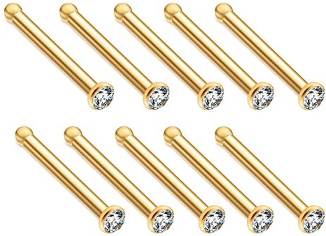 JSDDE Piercing 10 Stück Set Chirurgenstahl 1.5-3mm Strasssteine 20ga Nasenpiercing Nase Gerade Ringe Nasenstecker Nasenringe Fake Körper Piercing Schmuck (2.5mm Gold)
