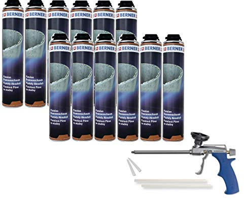 Berner - 12 confezioni di schiuma per edilizia, 1 K di schiuma per pistole da 750 ml + 1 pistola Berner in schiuma per fontane,