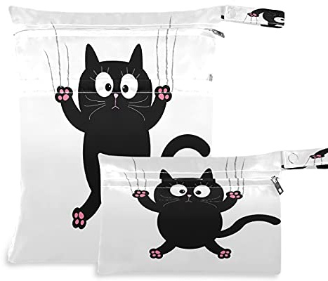 2pcs windeltasche Wet bags Wasserdicht Süß Schwarz Katze Nasstaschen wiederverwendbar Wasserdicht Waschbar Organizer Beutel für Kleinkind Windeln Reisen Gym Strand Pool