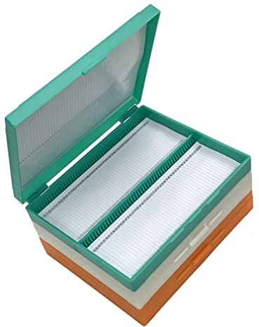 MUHWA Aufbewahrungsbox für Objektträger aus Kunststoff mit 100 Plätzen, 3 Packungen Objektträgerbox aus Kunststoff, farblich sortiert, grün, orange, weiß