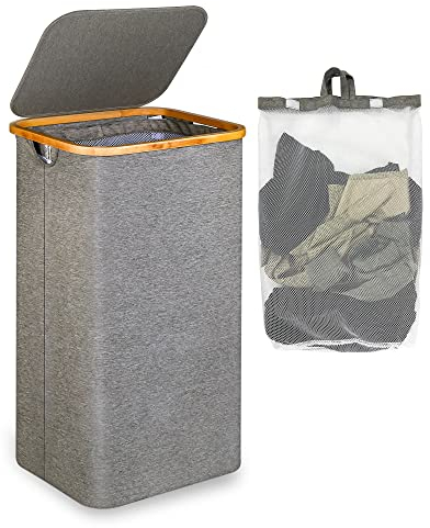 efluky Wäschekorb mit Deckel, 120 Liter hoher Wäschebox mit Bambus Henkel und Innentasche, faltbarer groß XXXL Waschekorbsammler zur Aufbewahrung von Kleidung und Spielzeug, Laundry Baskets Grau