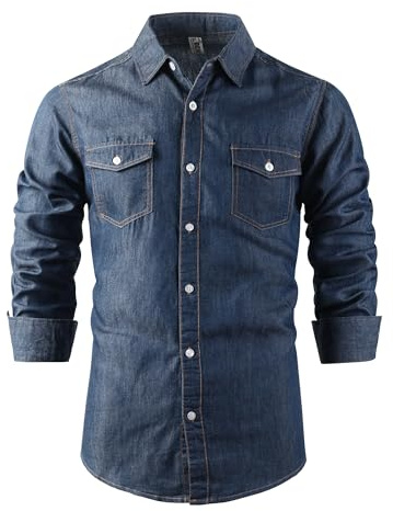 Tianerhay Homme Manches Longues Chemise en Jean pour Boutonné à Western Décontracté Flip Pocket Top
