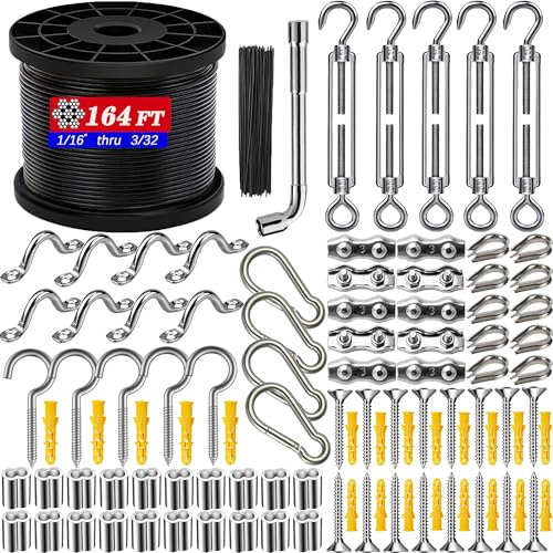 BRISBONN 164FT Outdoor String Light Hanging Kit - Heavy Duty Black Vinyl-Coated Stainless Steel Wire Rope with Turnbuckles, Hooks & Eye Straps for Patio, Garden, Backyard, Party Decor