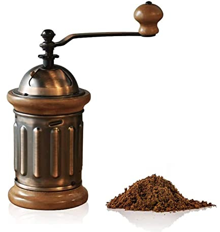 Molinillo de café con manivela manual de acero inoxidable, cuerpo de cobre antiguo con revestimiento de madera dura para café por goteo, espresso, 9 cm x 9 cm x 22 cm,