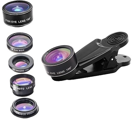 Handy Objektivset 5-in-1 mit 198° Fischaugenobjektiv | Aluminiumlegierung und Glas, 0, 63 Stück Superweitwinkel, 15 Stück Makro, 2 Stück Telekonverter, Cpl Filter für Tablette
