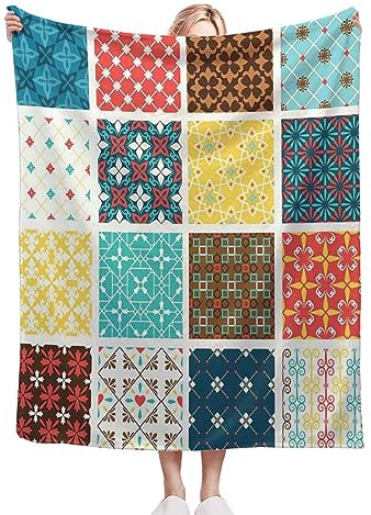 Kuscheldecke Marokkanisches Patchwork Muster Winterdecke Personalisierte Sofadecke Bedruckt Wohndecke Fleecedecke, Für Bett, Büro, Couch, 125x150cm