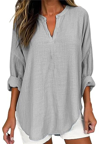 MJGkhiy Camisa mujer algodón lino curvy camiseta oversize cuello en V verano blusa elegante tallas grandes botones camiseta manga larga Tee Tops Blusa Camiseta