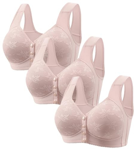 3PC Front Fastening Bras for Women UK Clearance Plus Size Wireless Bras Full Coverage Push Up Bra Non Wired Comfortable Bra Comfy Wide Straps Supportive Underwear Multipack