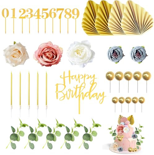 40pcs Flower Cake Topper Set, Gold Cake Decorations Flowers, Bohemian Cake Toppers, Balls Cakes Decoration, Birthday Cake Topper with Palm Fan, Balls for Wedding Party Home Decor