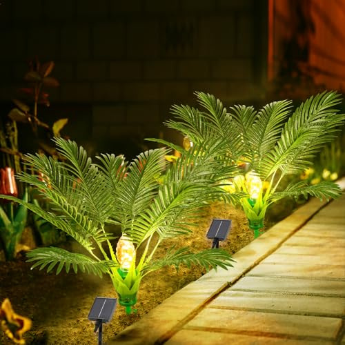 2 Pack Artificial Plants Outdoor with Solar Light 25 Prelit Christmas Tree with Spike Pathway Light with 8 Lighting Modes for Xmas Decoration Yard Patio Garden Walkway Sidewalks Landscape- Palm Tree