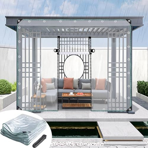 KOOEIN Durchsichtige Outdoor Abdeckplane Aus PVC,Strapazierfähige Transparente Vinylplane Mit Reißverschlusstür,0,3mm Transparente wasserdichte Planen-Seitenteile Für Pergola,WxH-3.3x2.2m/10.8x7.2ft