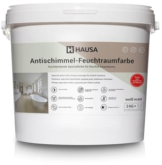 Hausa Antischimmelfarbe für feuchte Räume weiß 3kg Wandfarbe hochdeckend Farbe für Keller Bad Küche Langzeitschutz gegen Schimmel an feuchten Oberflächen anwendbar atmungsaktiv abwaschbar