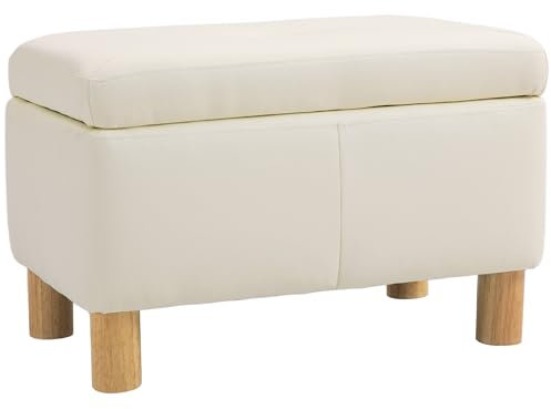 HOMCOM Baúl de Almacenaje para Dormitorio 33L Puff Almacenaje Tapizado en PU Banco de Almacenaje con Patas de Madera para Pasillo Salón 60x38x40 cm Crema