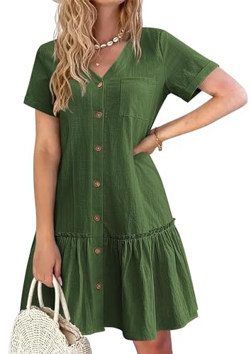 HOTOUCH Linen Beach Dress Women Button Down Dress Summer Pleated Loose Swing Short Sleeve Dresses Army Green XXL
