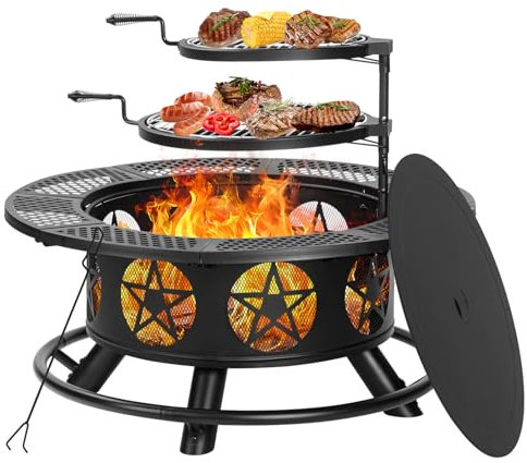 OutVue Braciere da 91 cm con 2 griglie, braciere a legna per esterni con coperchio e attizzatoio, barbecue e braciere all'aperto e tavolo rotondo in metallo 3 in 1 per patio, picnic, feste