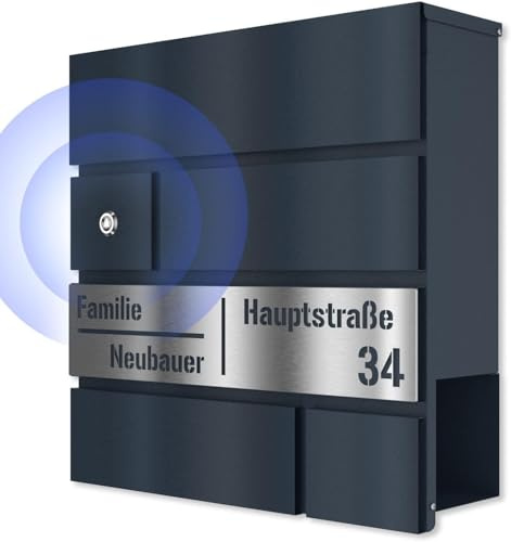Graviers Design Briefkasten mit Funkklingel in Anthrazit RAL 7016 - Laserschnitt Wandbriefkasten personalisiert Edelstahl Gravur - Postkasten Briefbox mit Schloss Design 2