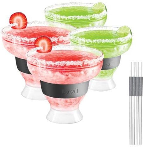 luxail Lot de 4 verres à margarita en plastique à double paroi isothermes sans pied avec gel, capacité de 355 ml, gris