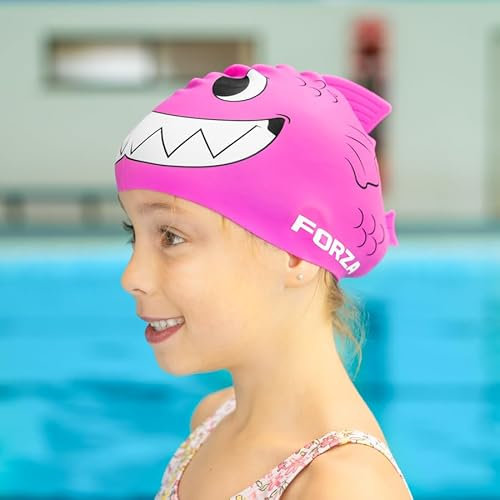 FORZA Gorro de natación Infantil con Divertido diseño de pez | Gorro de natación de Silicona Premium para niños de 3 a 7 años: cómodo, Duradero y Resistente a Salpicaduras (5, Rosa)