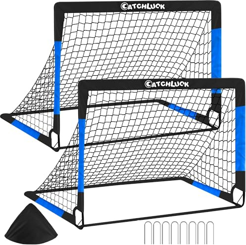 CATCHLUCK Fotbollsmål barn mål fotboll barn fotbollsmål set om 2 popup-fotbollsmål utomhus trädgård (Blå-120x90x90)