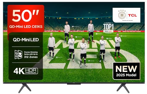 TCL 50C61KS QLED Mini LED Fernseher 50 Zoll, 4K HDR Premium, Dolby Vision & Atmos, Onkyo 2.0 Sound, Smart TV mit Google TV, Game Master, HDMI 2.1, AirPlay 2, Google Assistant & Alexa