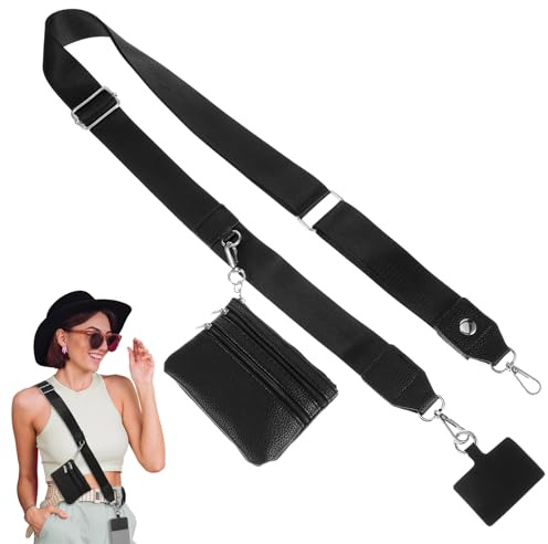Nogeqi Cadena ancha para teléfono móvil universal con bolsillo, clip and go correa para teléfono móvil con bolsillo con cremallera, correa ajustable para el cuello para teléfono móvil, correa larga