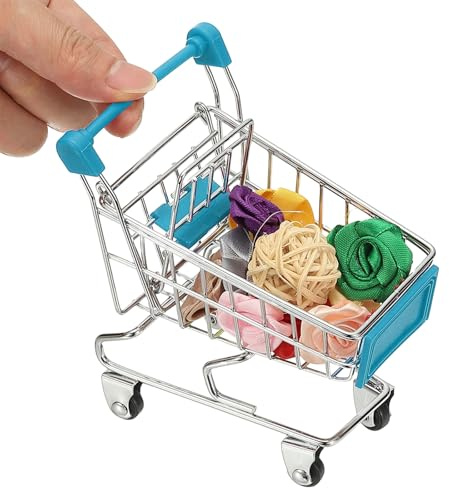 PATIKIL Mini Shopping Cart, Tiny Shopping Cart Trolley Miniature Grocery Supermarket Handcart Small Basket with Wheels for Pretend Play Storage Store Gift, Sky Blue