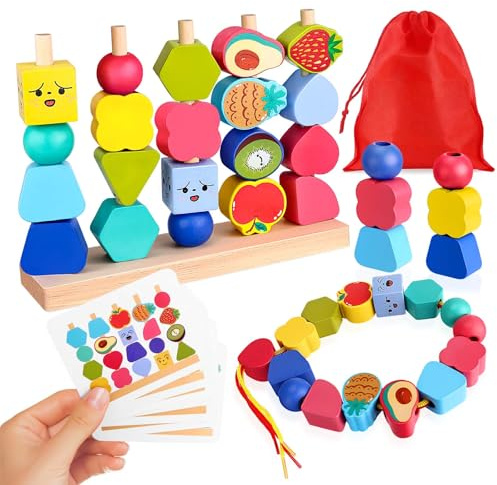 Cofvetia Montessori Spielzeug Holz StapelspielFeinmotorik ab 2 3 4 5 Jahre, Holzspielzeug mit Steckspiel Fädelspiel Bausteinen Motorikspielzeug mit Stapelsteinen für Baby Jungen Mädchen Spielsachen