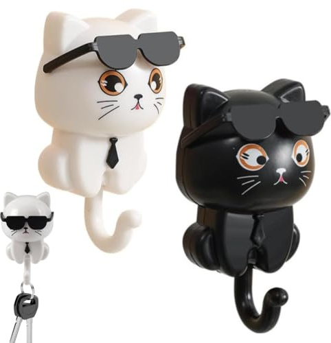 ZHAOYCSH Lot de 2 Crochets Autocollants Mignons en Forme de Chat,Porte-clés Décoratifs Adhésifs pour Manteaux, Serviettes et Clés,Décoration Murale Pratique (Noir,Blanc) pour Salon, Entrée ou Chambre