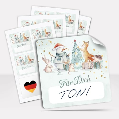 Geschenkaufkleber Weihnachten zum Beschriften (48 Aufkleber) Weihnachtsetiketten Quadratisch 5,5 cm - Niedliche Tiere Für Dich - weihnachtliche Deko Sticker Geschenke Pakete Briefe