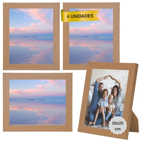 MARCOFOTO Marco de Fotos para Pared - Set de 4 Portafotos MDF con Cristal, uso vertical u horizontal - Decoración hogar u oficina, diplomas - Color Madera 20x25 cm